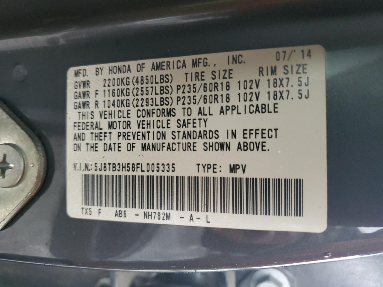 5J8TB3H58FL005335 2015 Acura Rdx Technology