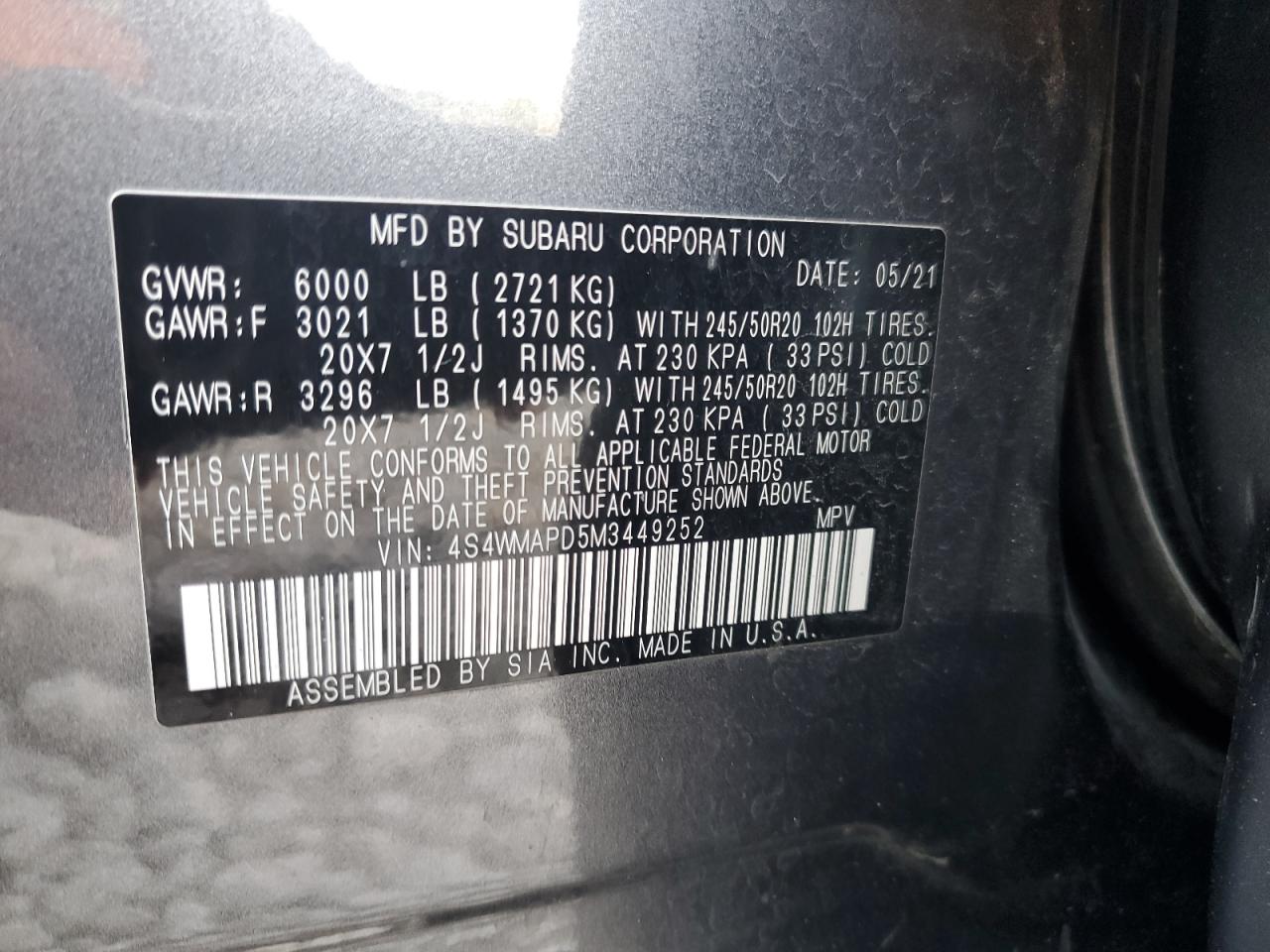 4S4WMAPD5M3449252 2021 Subaru Ascent Limited