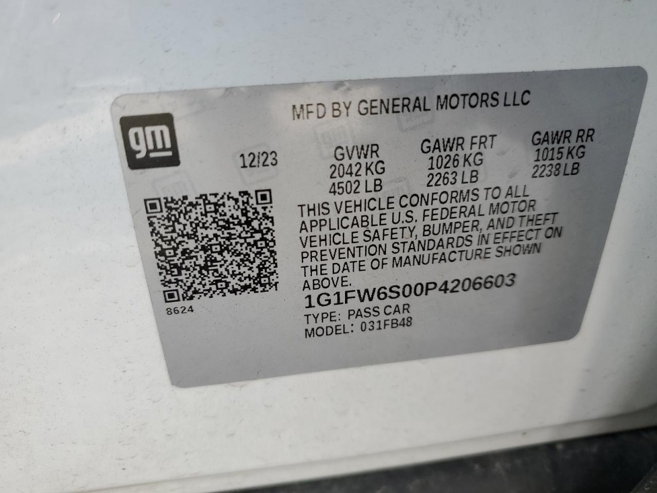 1G1FW6S00P4206603 2023 Chevrolet Bolt Ev 1Lt