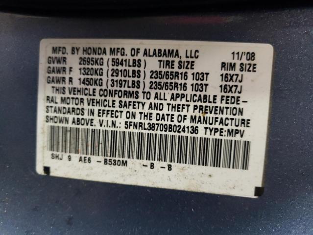 2009 Honda Odyssey Exl VIN: 5FNRL38709B024136 Lot: 57213884