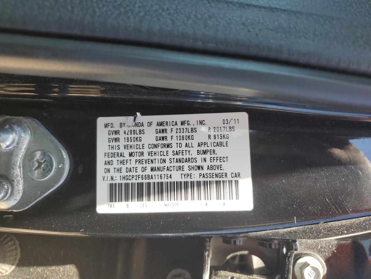 1HGCP2F66BA116754 2011 Honda Accord Se