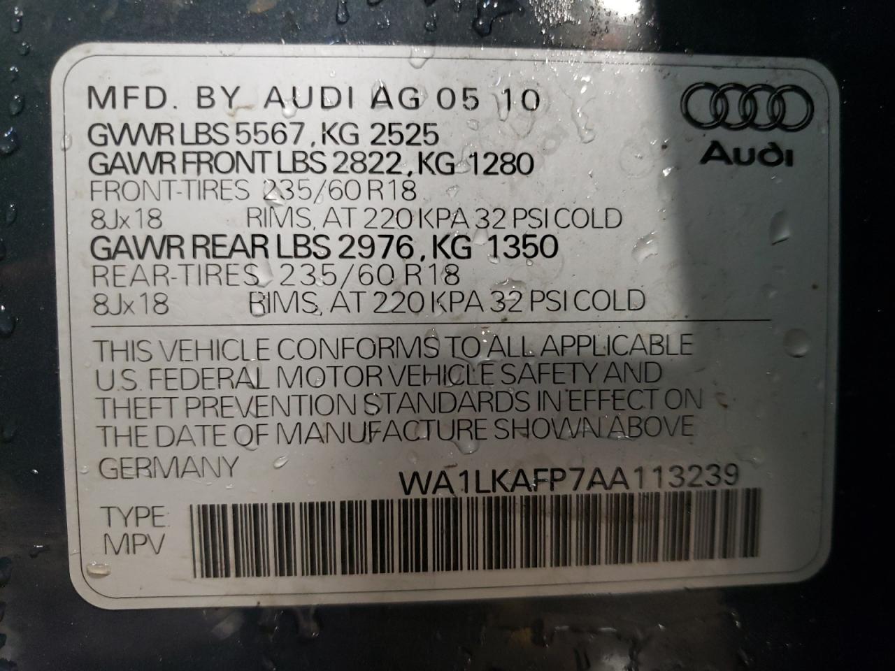 WA1LKAFP7AA113239 2010 Audi Q5 Premium Plus