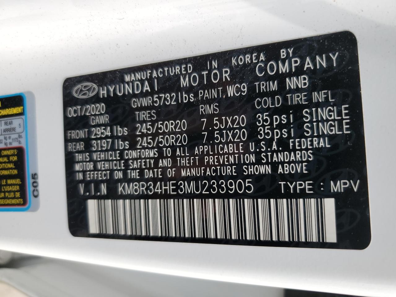 KM8R34HE3MU233905 2021 Hyundai Palisade Sel