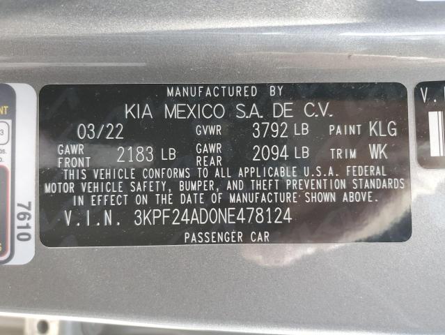 2022 Kia Forte Fe VIN: 3KPF24AD0NE478124 Lot: 57169384