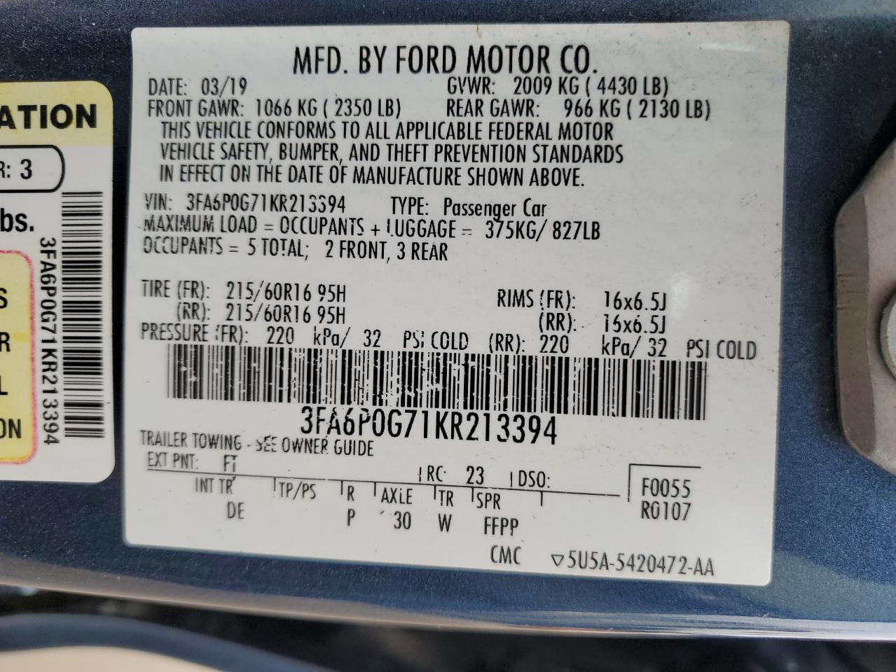 2019 Ford Fusion S vin: 3FA6P0G71KR213394