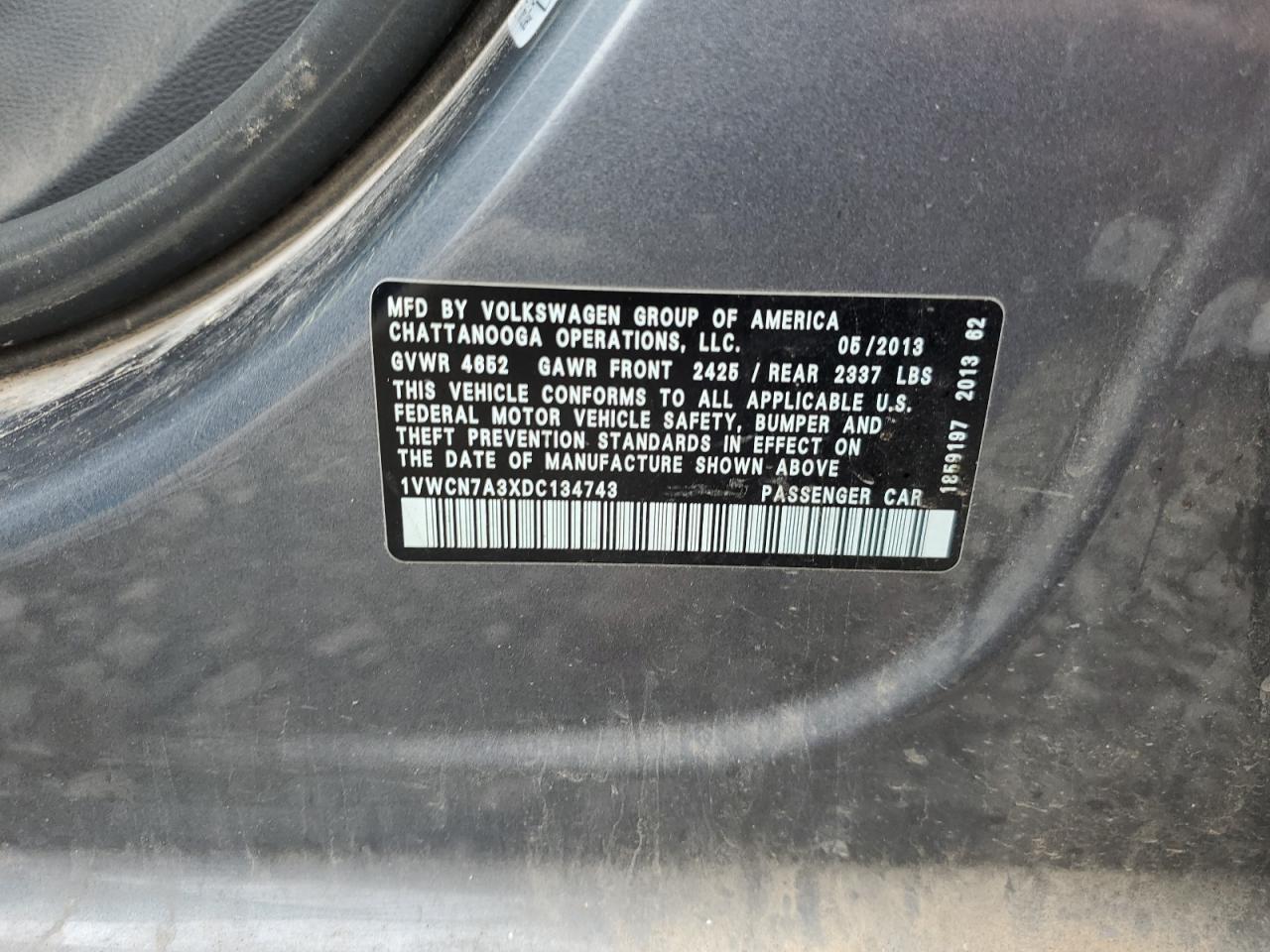 1VWCN7A3XDC134743 2013 Volkswagen Passat Sel