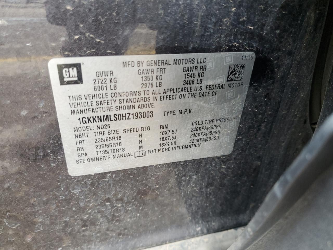 1GKKNMLS0HZ193003 2017 GMC Acadia Slt-1