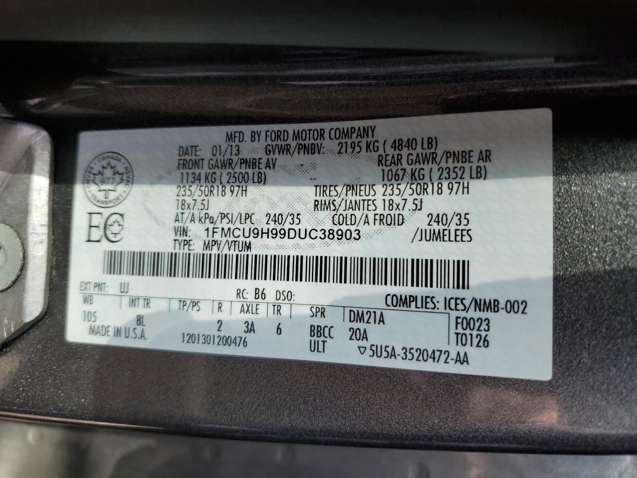 1FMCU9H99DUC38903 2013 Ford Escape Sel