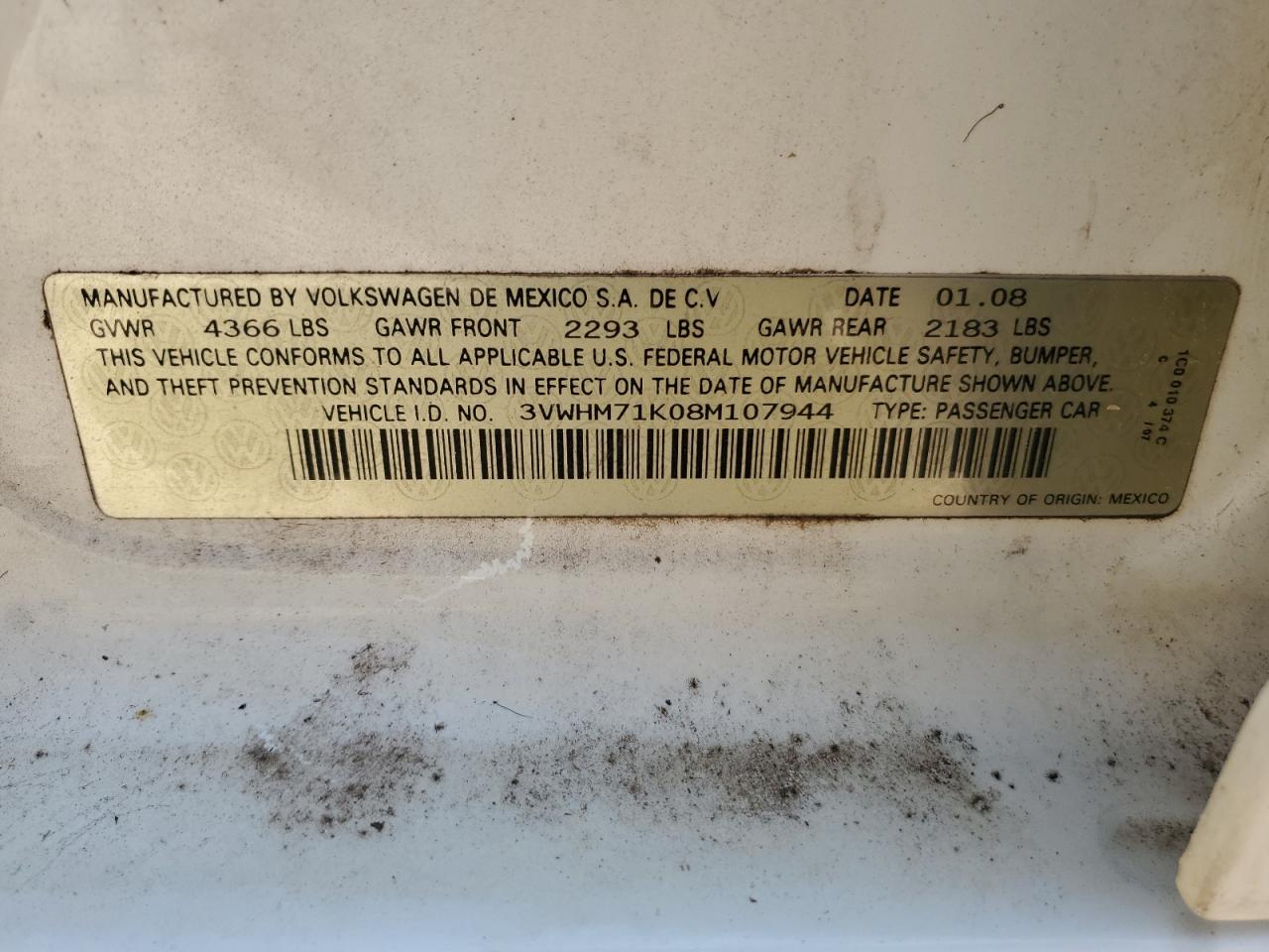 3VWHM71K08M107944 2008 Volkswagen Jetta S