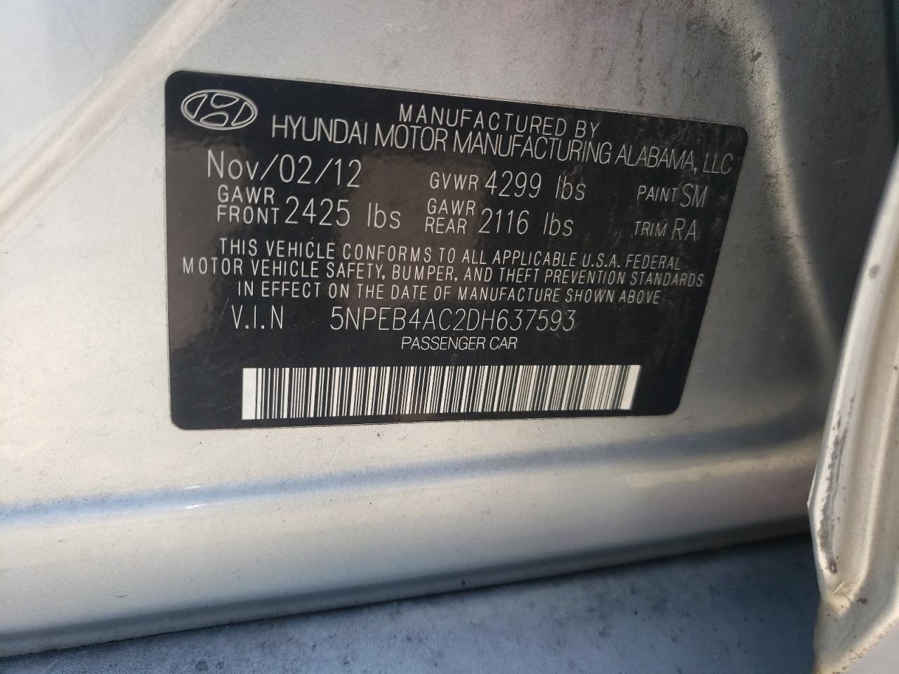 5NPEB4AC2DH637593 2013 Hyundai Sonata Gls