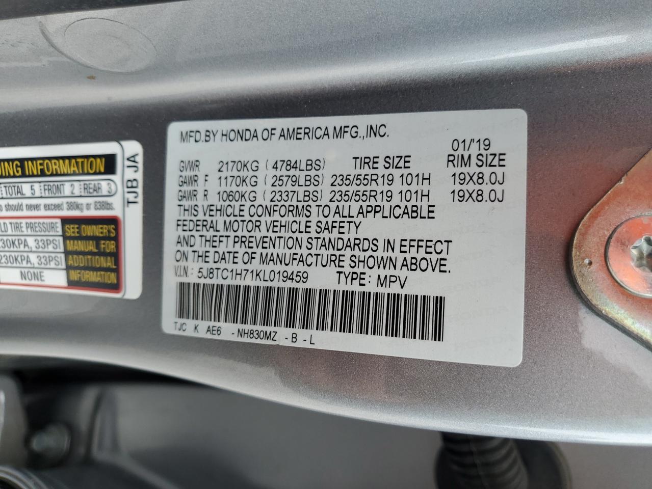 5J8TC1H71KL019459 2019 Acura Rdx Advance