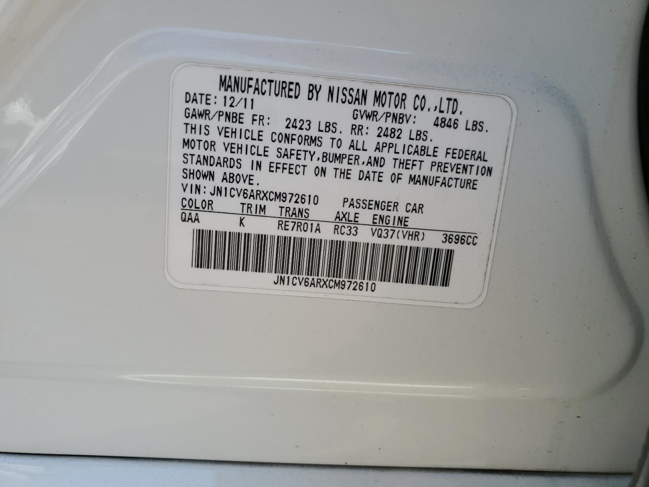 JN1CV6ARXCM972610 2012 Infiniti G37