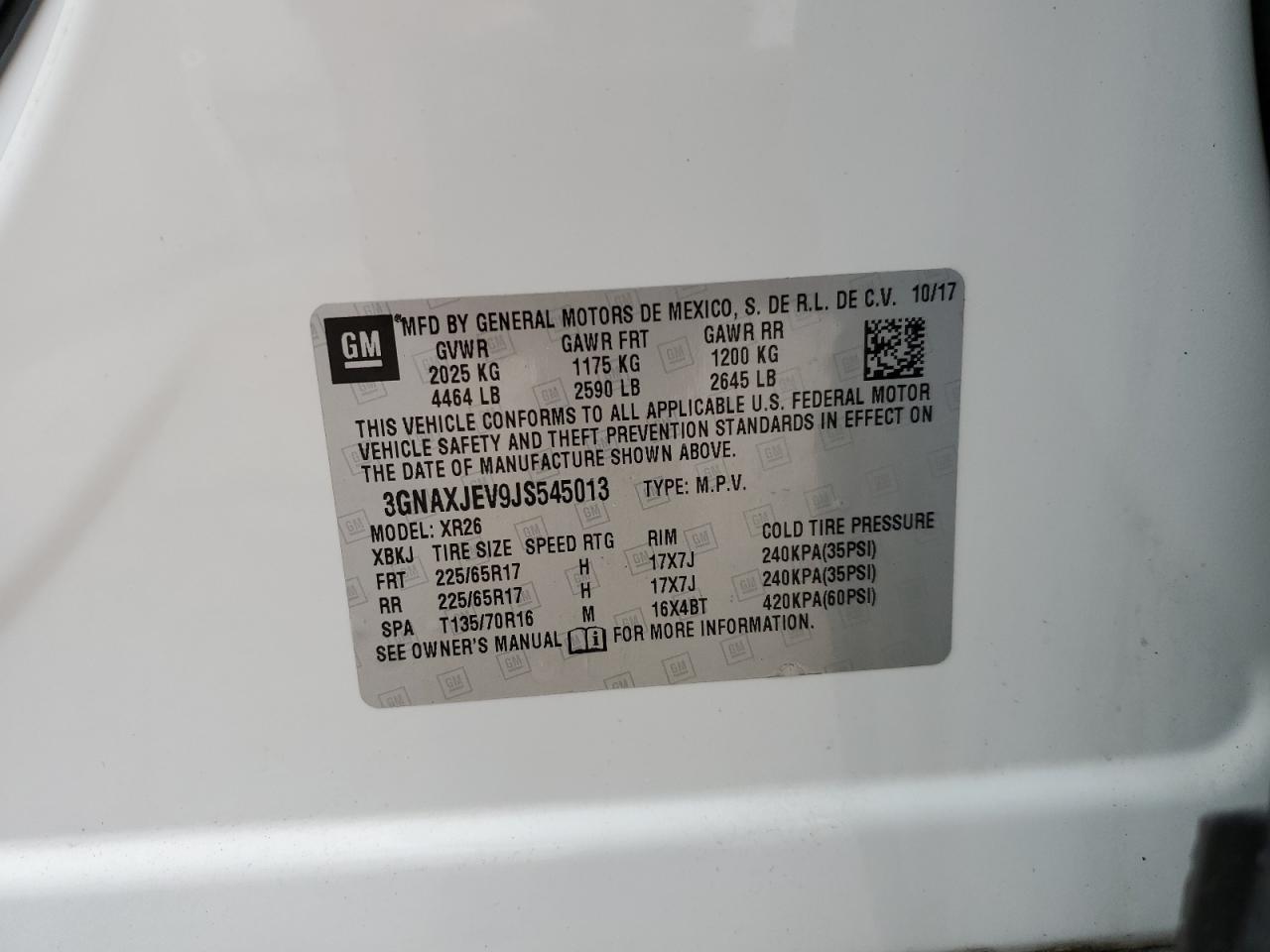 3GNAXJEV9JS545013 2018 Chevrolet Equinox Lt