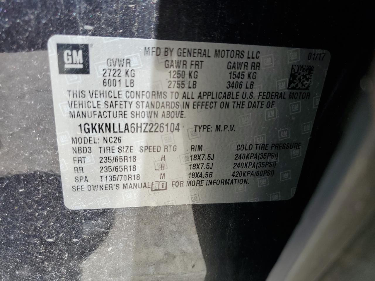 1GKKNLLA6HZ226104 2017 GMC Acadia Sle