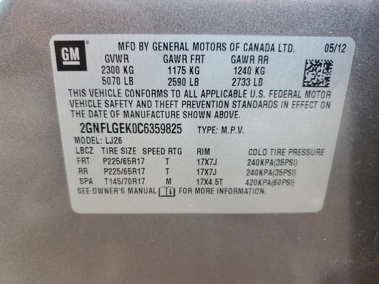 2GNFLGEK0C6359825 2012 Chevrolet Equinox Ltz