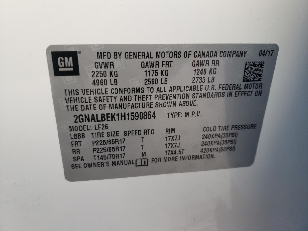 2GNALBEK1H1590864 2017 Chevrolet Equinox Ls