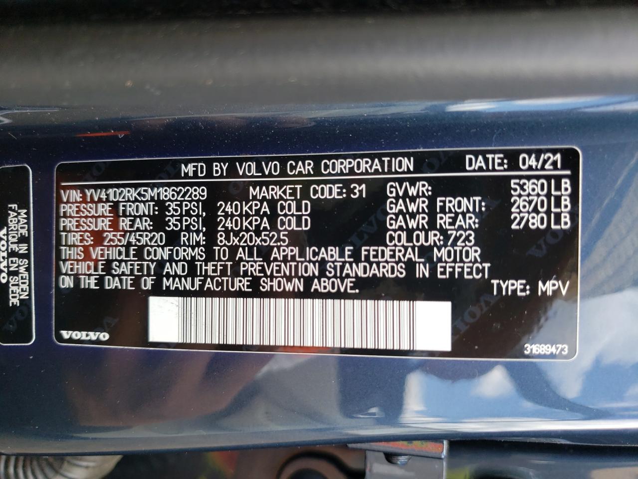 YV4102RK5M1862289 2021 Volvo Xc60 T5 Momentum