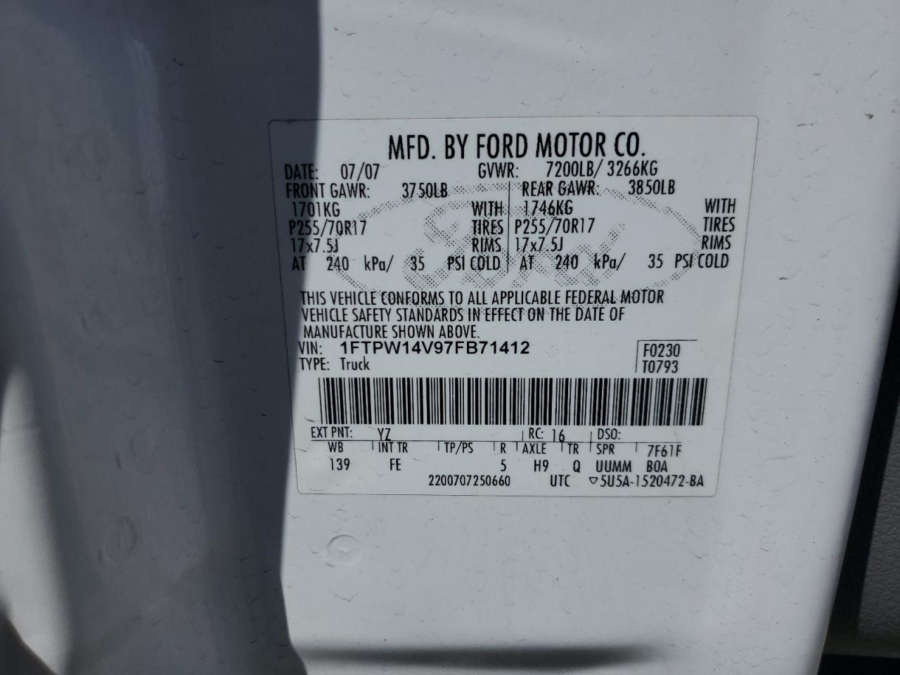 1FTPW14V97FB71412 2007 Ford F150 Supercrew