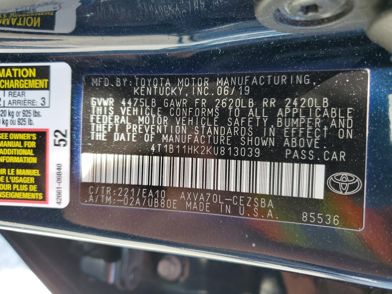 4T1B11HK2KU813039 2019 Toyota Camry L