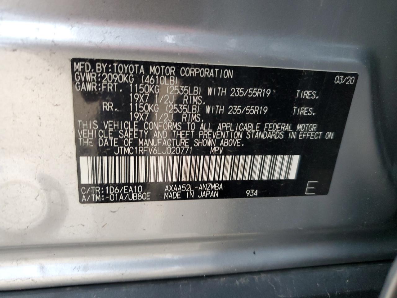 JTMC1RFV6LJ020771 2020 Toyota Rav4 Xle Premium