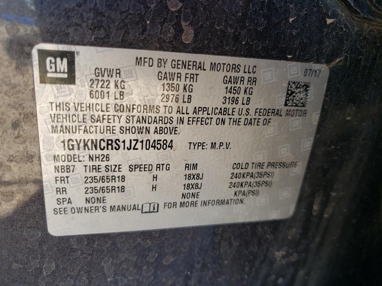 1GYKNCRS1JZ104584 2018 Cadillac Xt5 Luxury