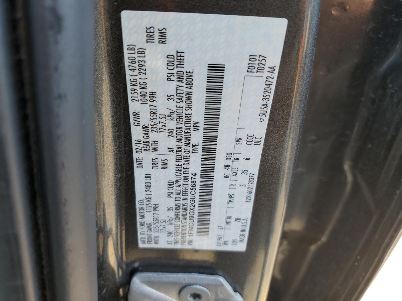 1FMCU9GX2GUC56874 2016 Ford Escape Se