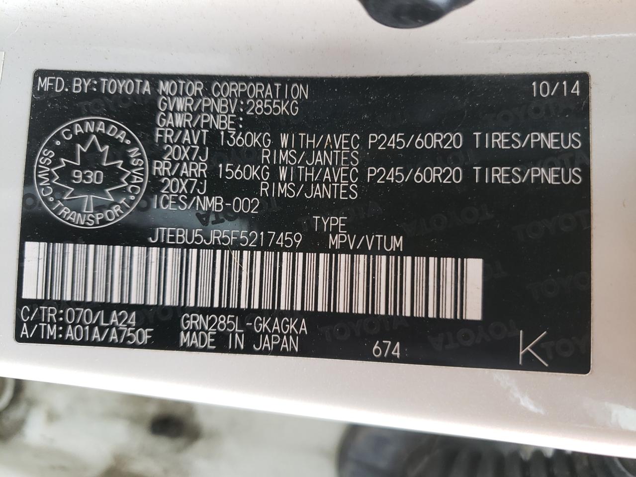 JTEBU5JR5F5217459 2015 Toyota 4Runner Sr5