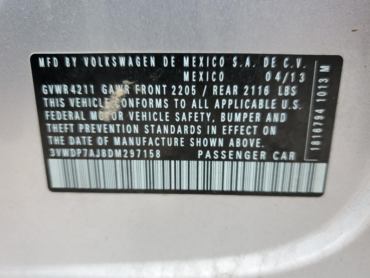 3VWDP7AJ8DM297158 2013 Volkswagen Jetta Se