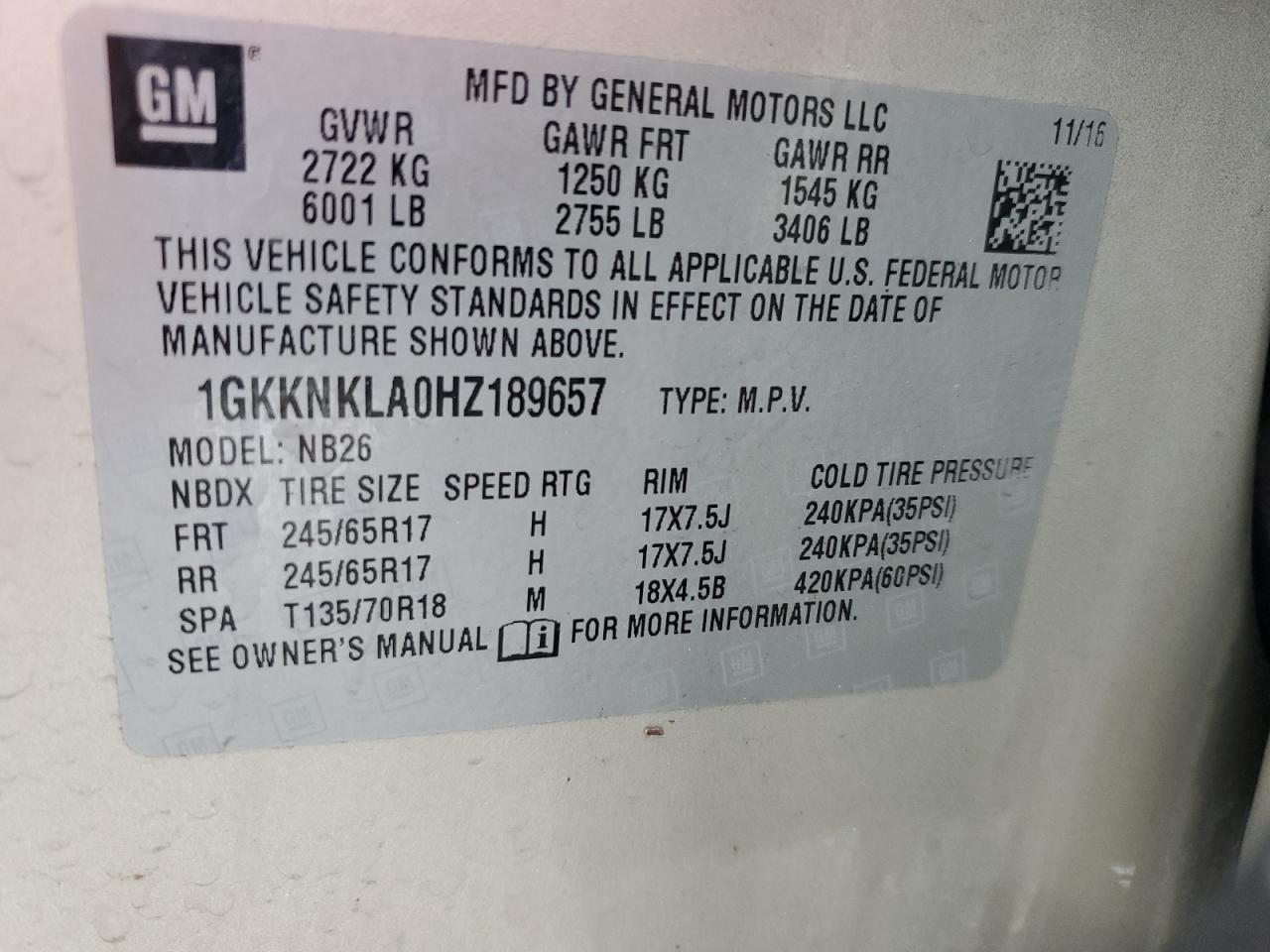 1GKKNKLA0HZ189657 2017 GMC Acadia Sle