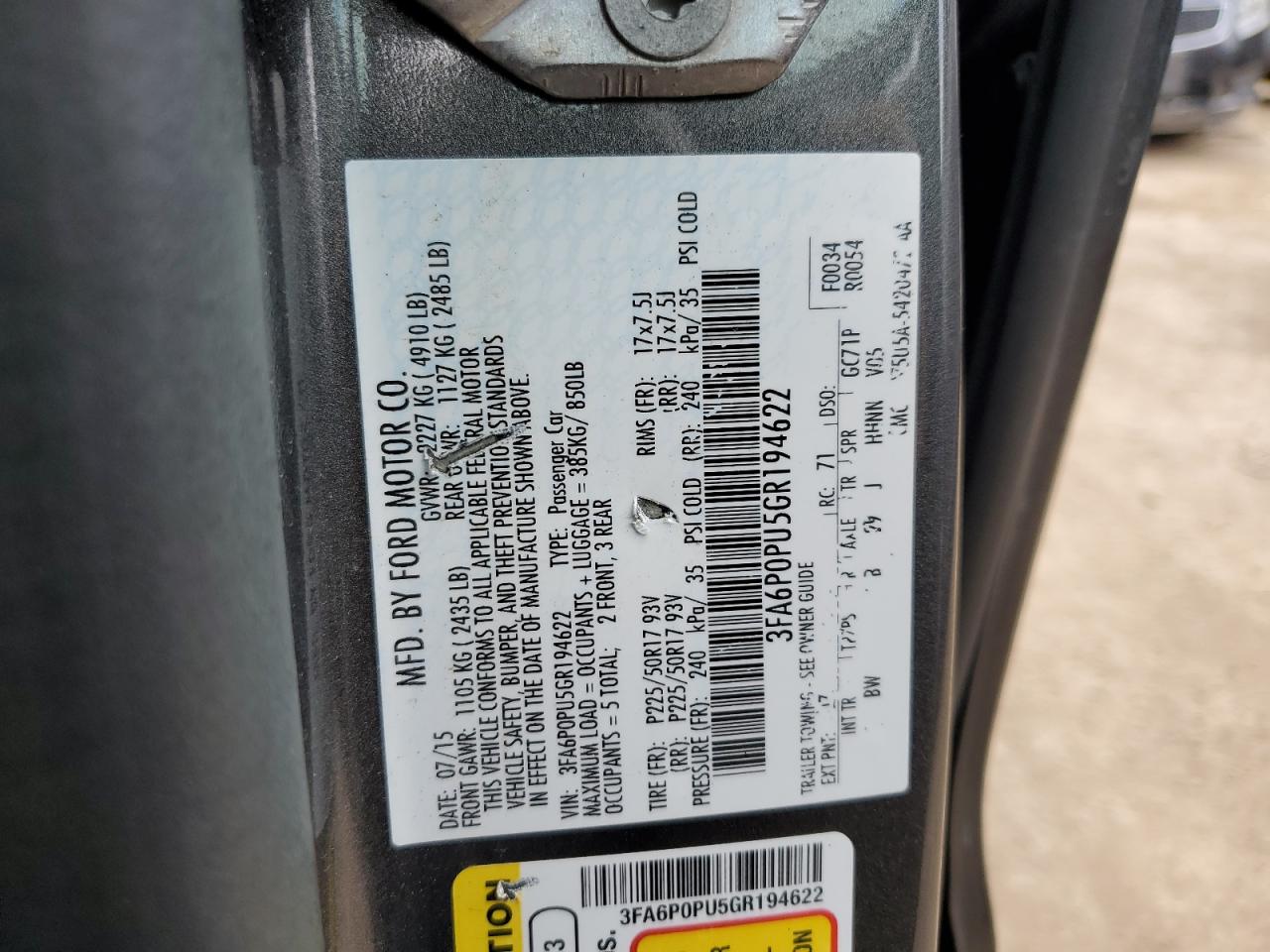 2016 Ford Fusion Se Phev vin: 3FA6P0PU5GR194622