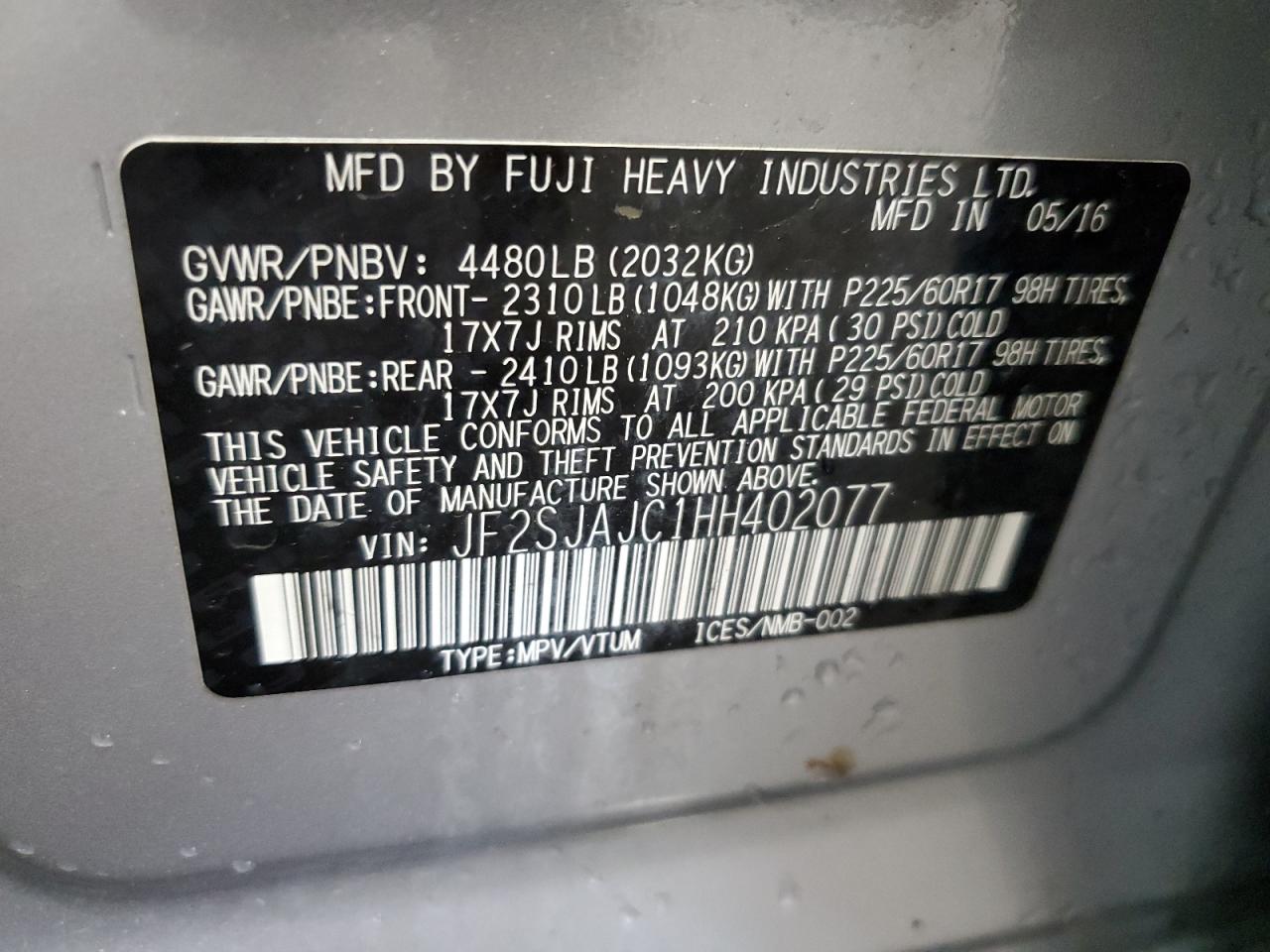 JF2SJAJC1HH402077 2017 Subaru Forester 2.5I Limited