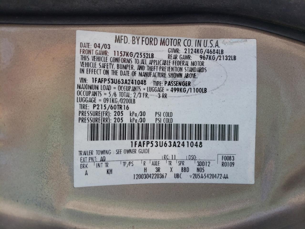 1FAFP53U63A241048 2003 Ford Taurus Se