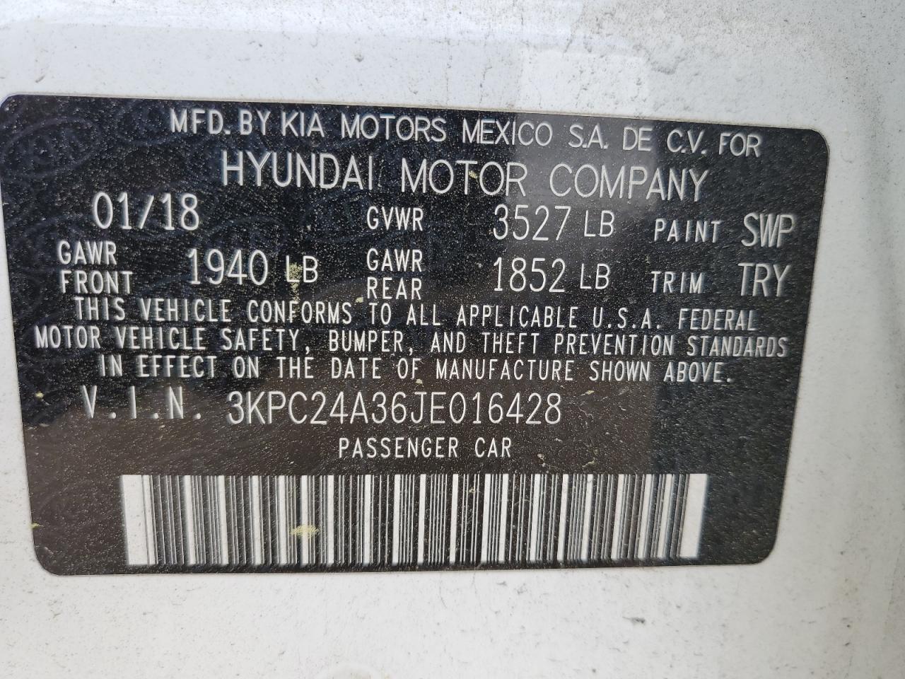 3KPC24A36JE016428 2018 Hyundai Accent Se