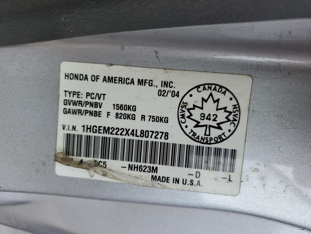 1HGEM222X4L807278 2004 Honda Civic Dx