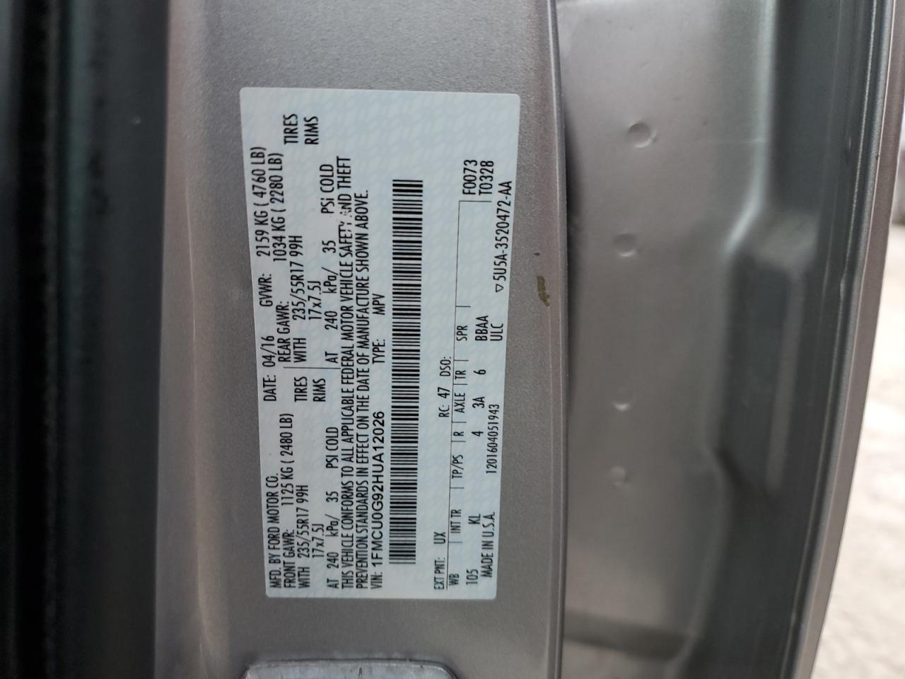 1FMCU0G92HUA12026 2017 Ford Escape Se