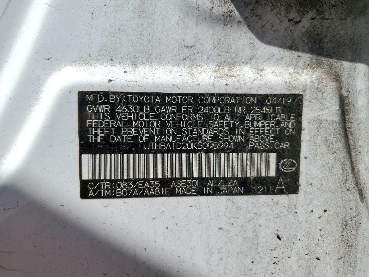 JTHBA1D20K5095994 2019 Lexus Is 300