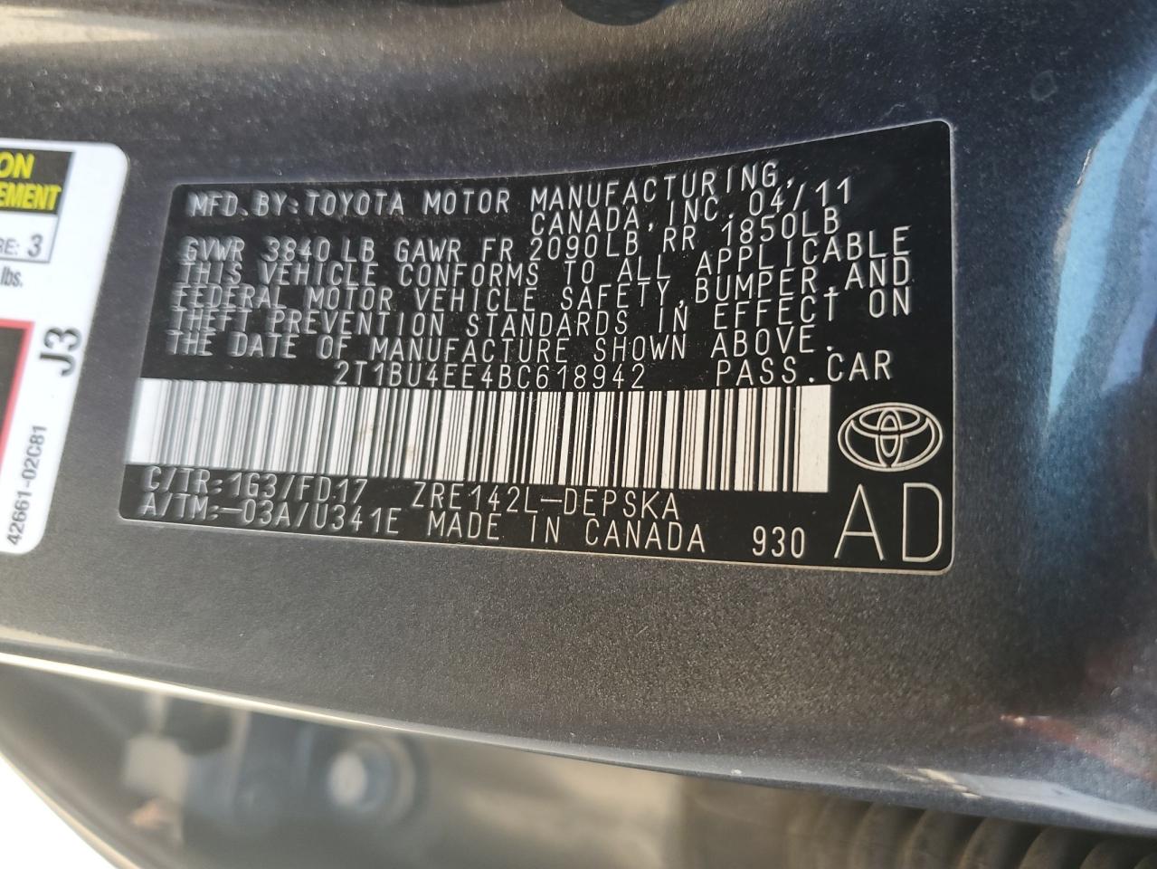 2T1BU4EE4BC618942 2011 Toyota Corolla Base