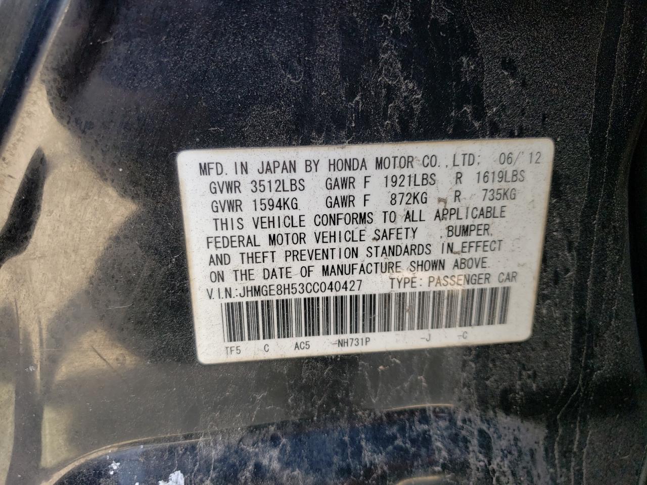 JHMGE8H53CC040427 2012 Honda Fit Sport