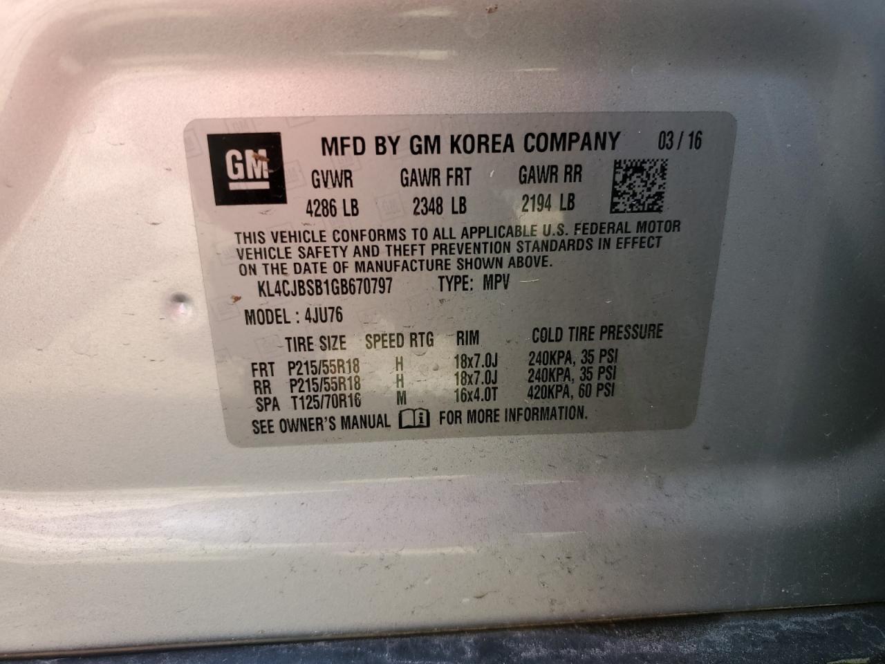 KL4CJBSB1GB670797 2016 Buick Encore Convenience