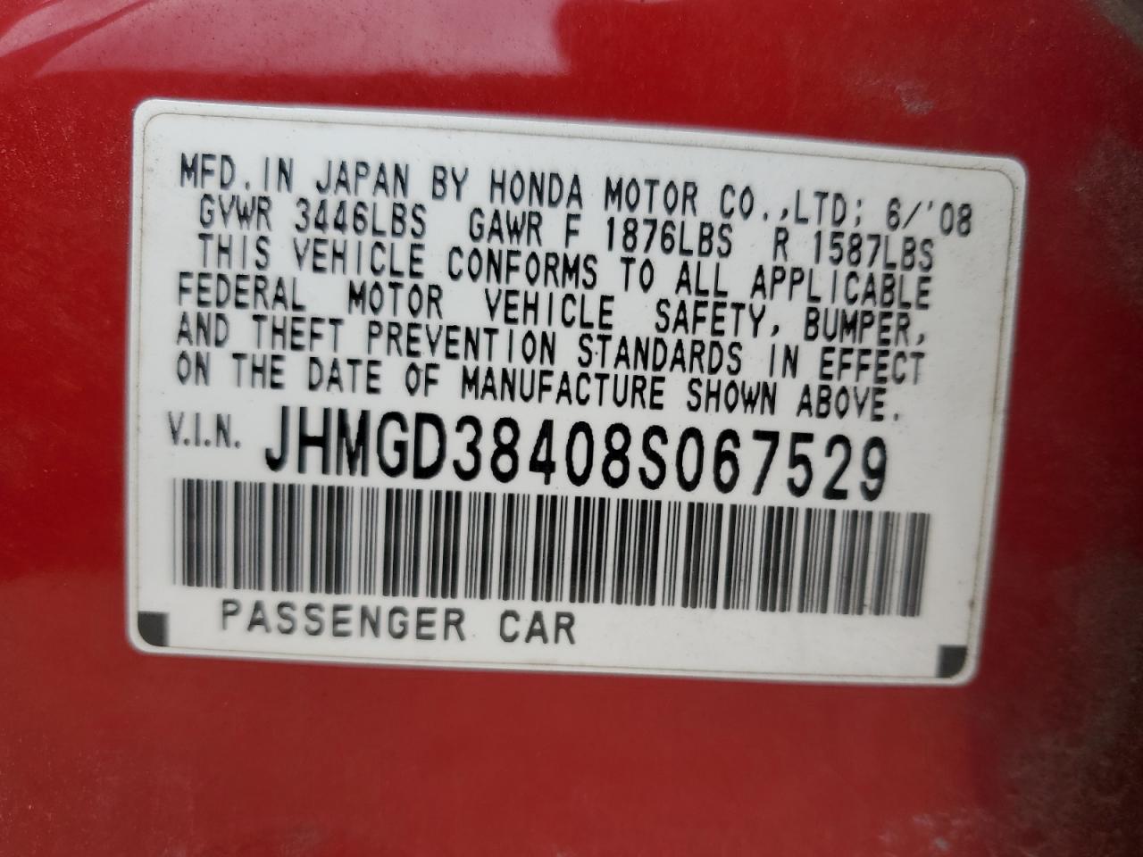 JHMGD38408S067529 2008 Honda Fit