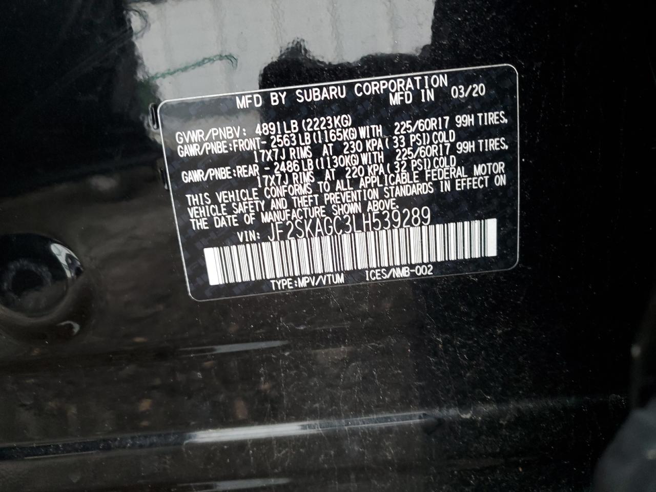 JF2SKAGC3LH539289 2020 Subaru Forester Premium