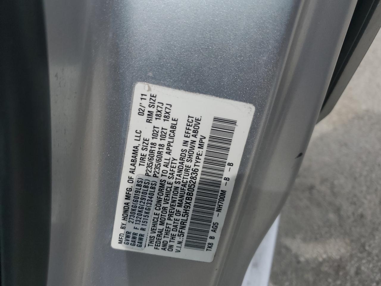 5FNRL5H9XBB052836 2011 Honda Odyssey Touring