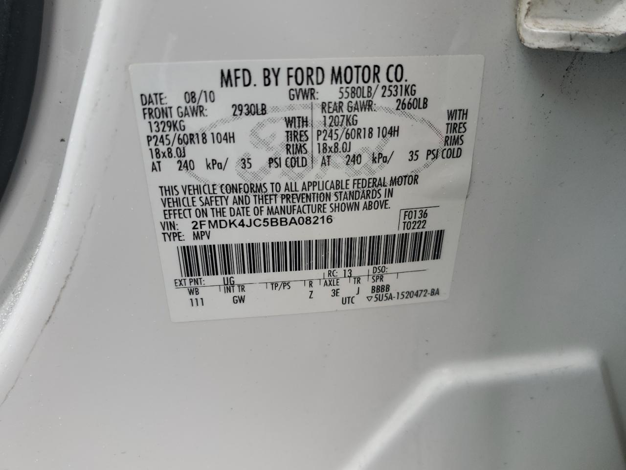 2FMDK4JC5BBA08216 2011 Ford Edge Sel