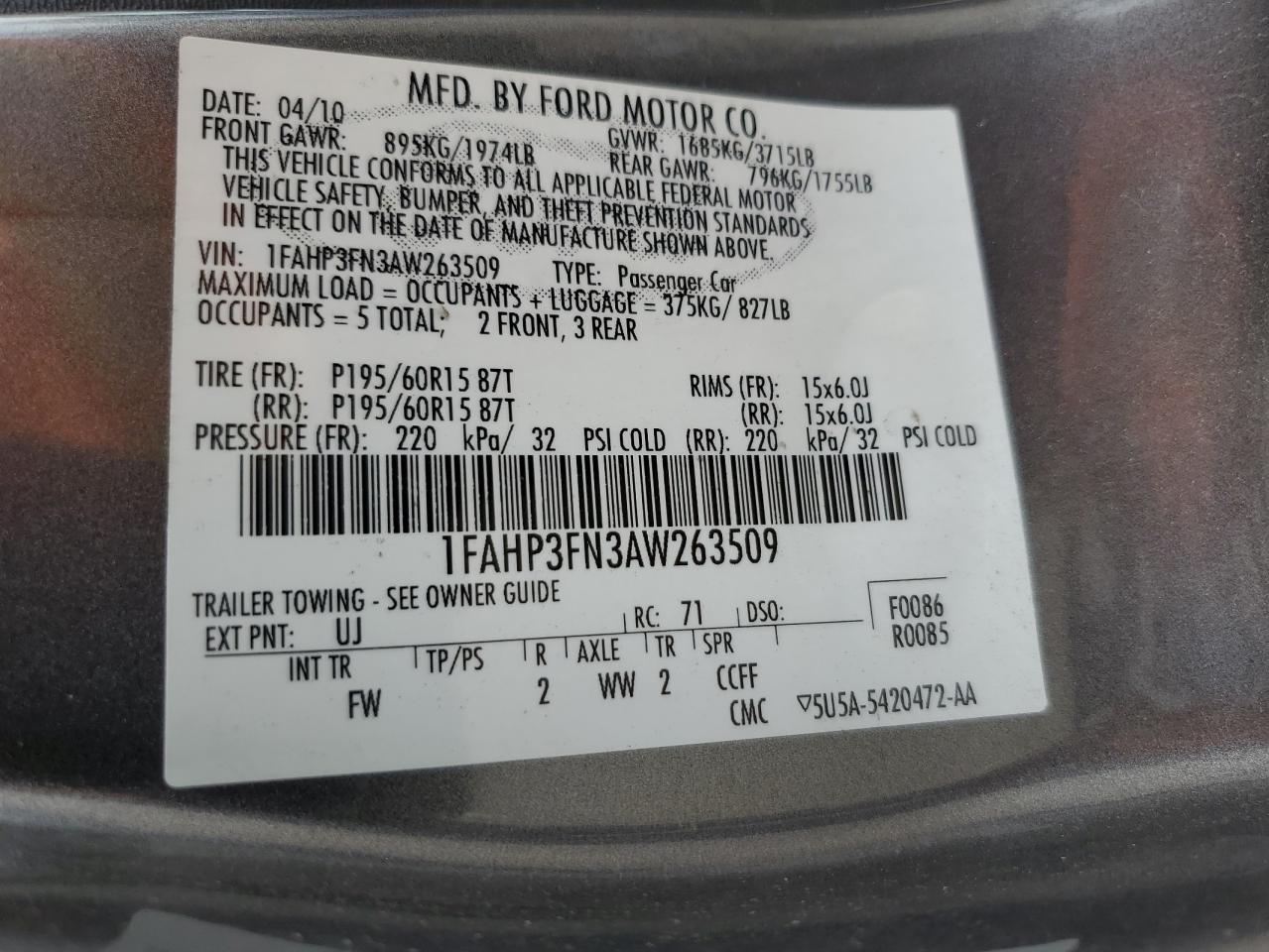 1FAHP3FN3AW263509 2010 Ford Focus Se