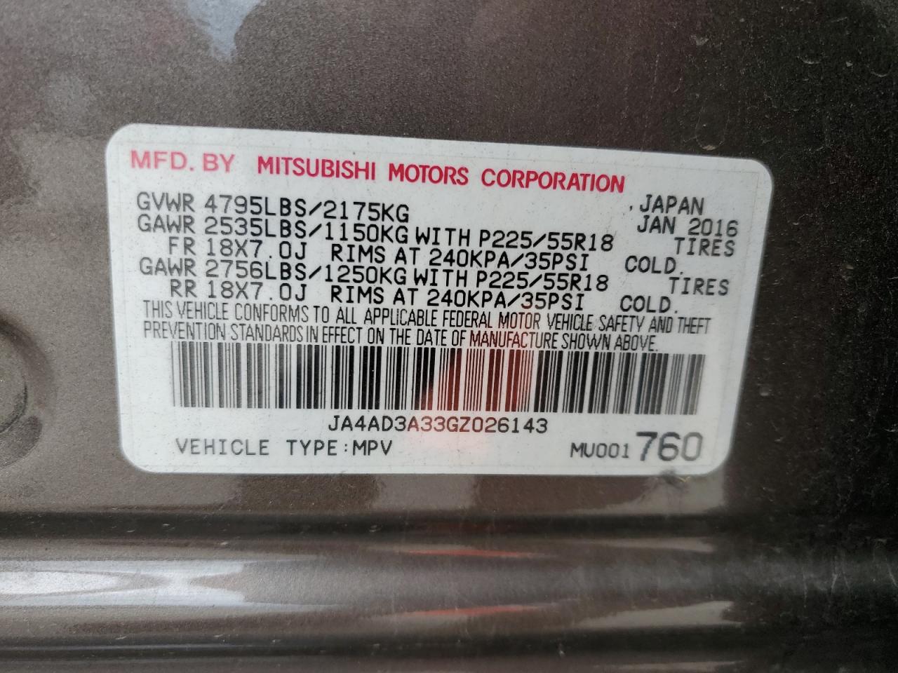 JA4AD3A33GZ026143 2016 Mitsubishi Outlander Se