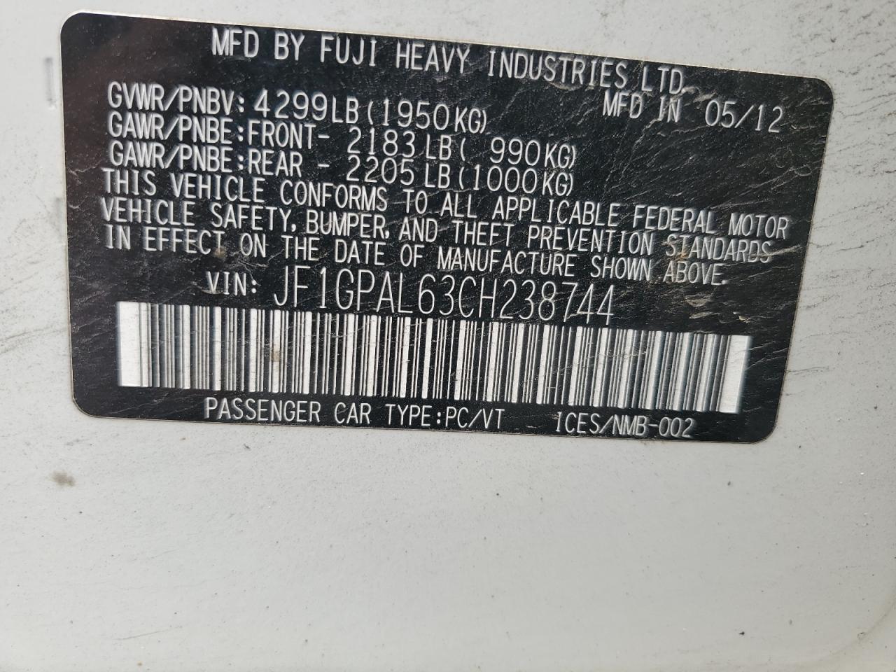 JF1GPAL63CH238744 2012 Subaru Impreza Sport Premium