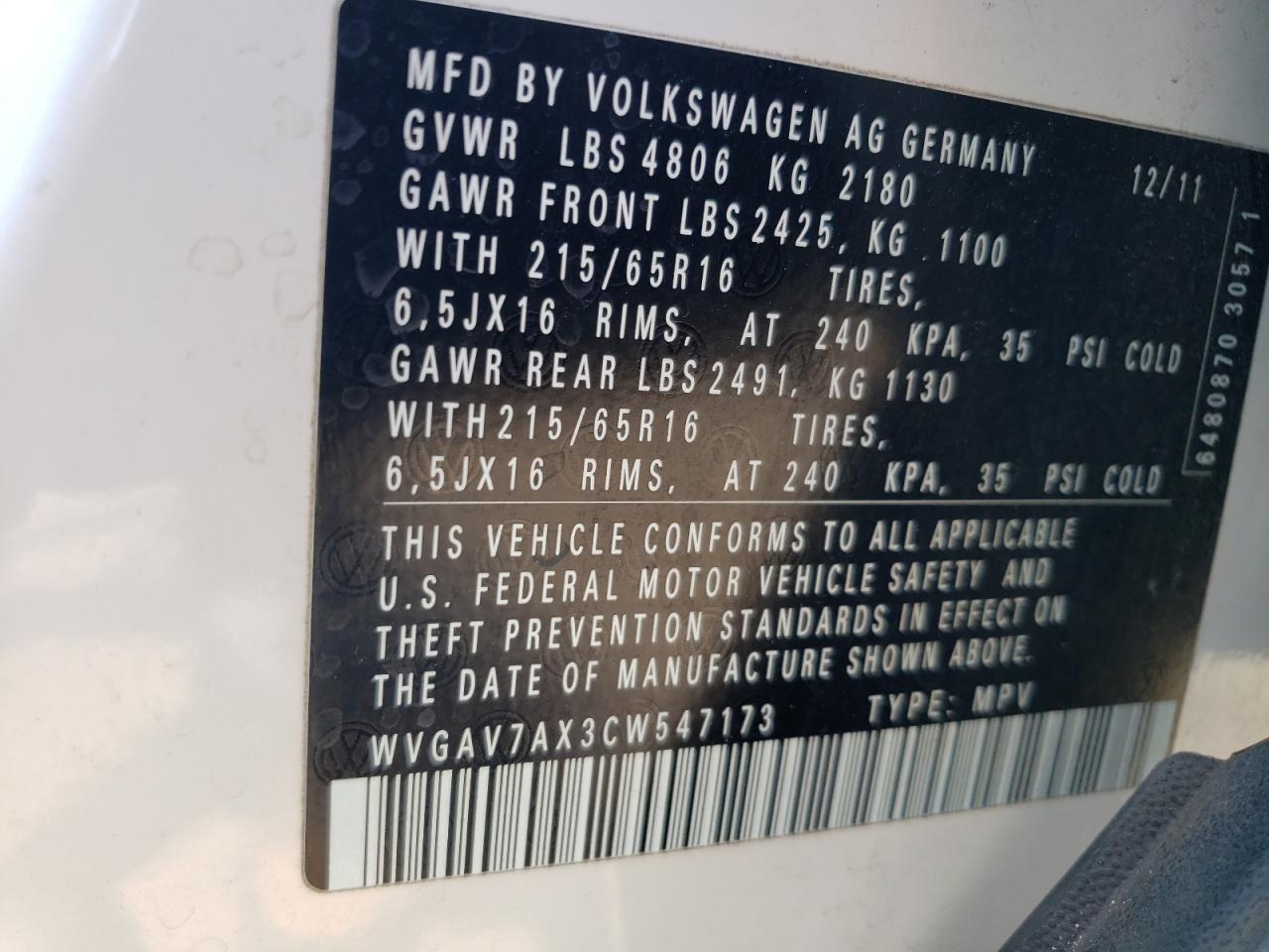 WVGAV7AX3CW547173 2012 Volkswagen Tiguan S