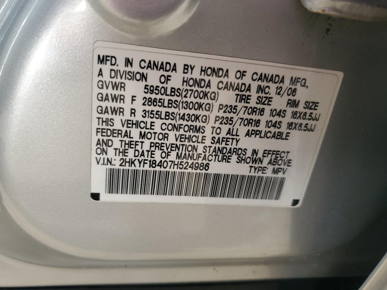 2HKYF18407H524986 2007 Honda Pilot Ex