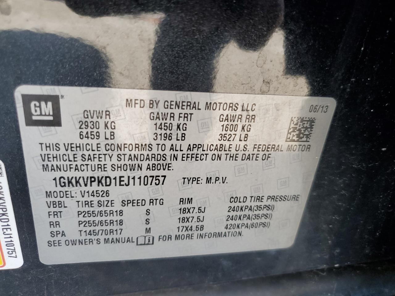 1GKKVPKD1EJ110757 2014 GMC Acadia Sle