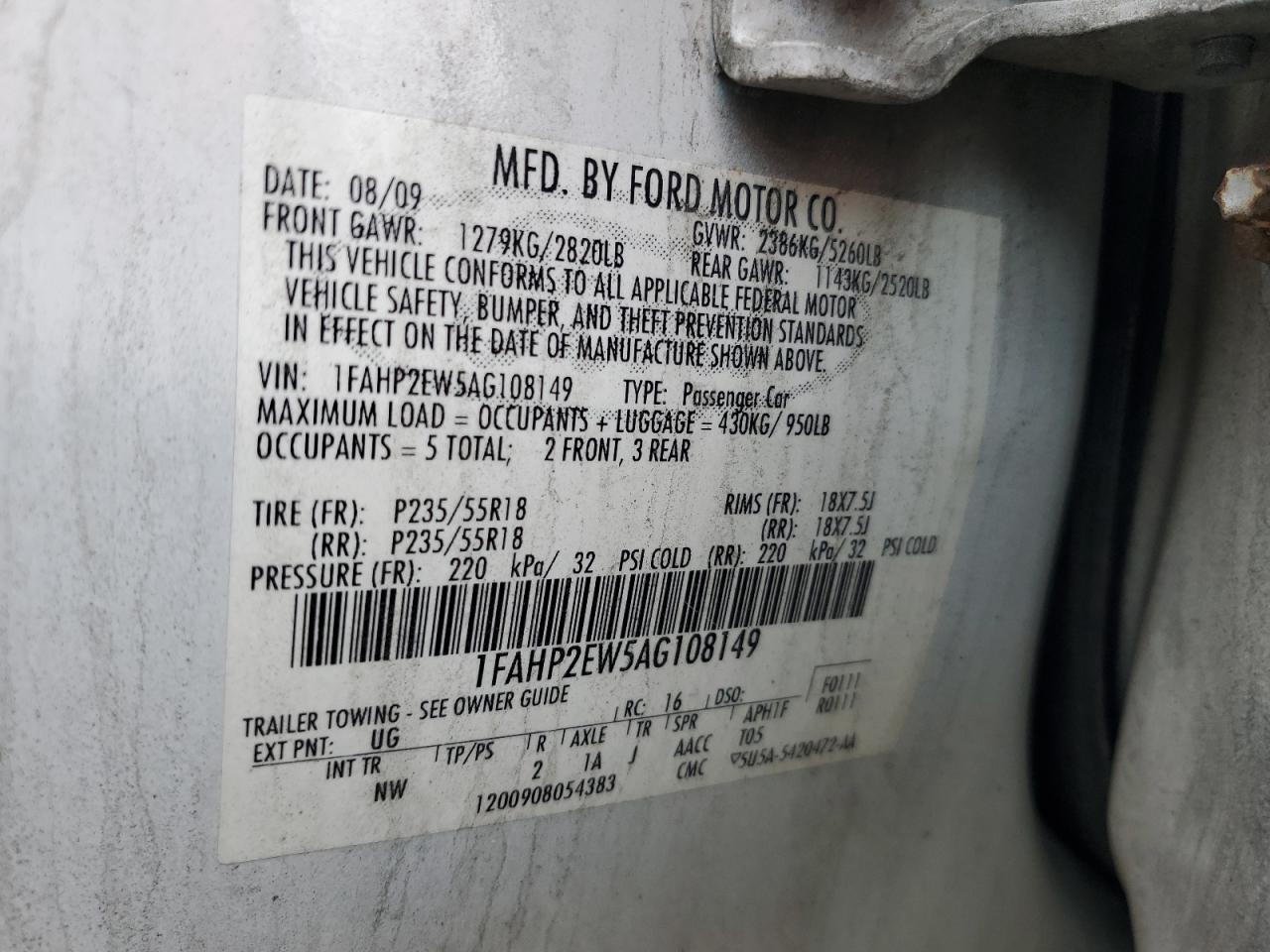 1FAHP2EW5AG108149 2010 Ford Taurus Sel